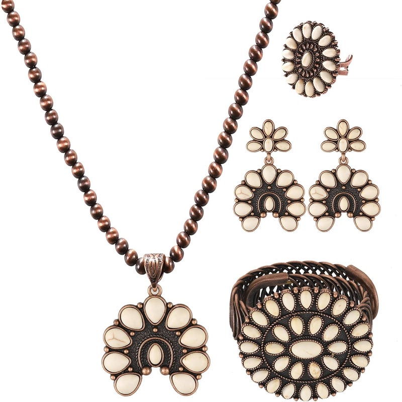 JMScape 4 PCS Western Turquoise Jewelry for Women Boho Vintage Navajo Pearl Necklace Earring Bracelet Ring Set Country Cowgirl Accessories for Gift - Image 1